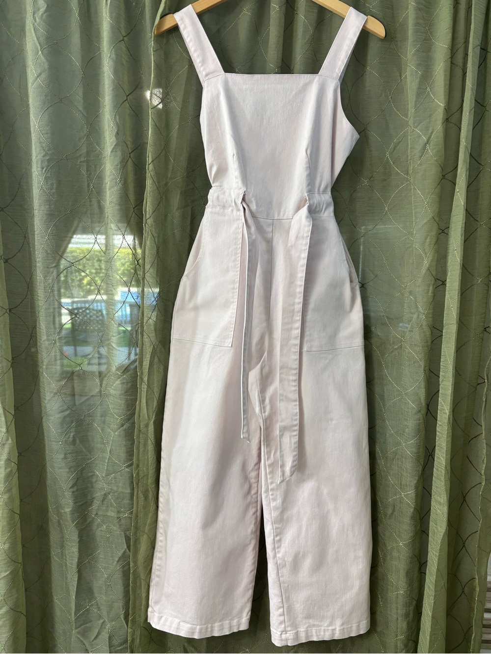 Women’s light pink stretch Denim Jumpsuit with Adjustable Waist Tie